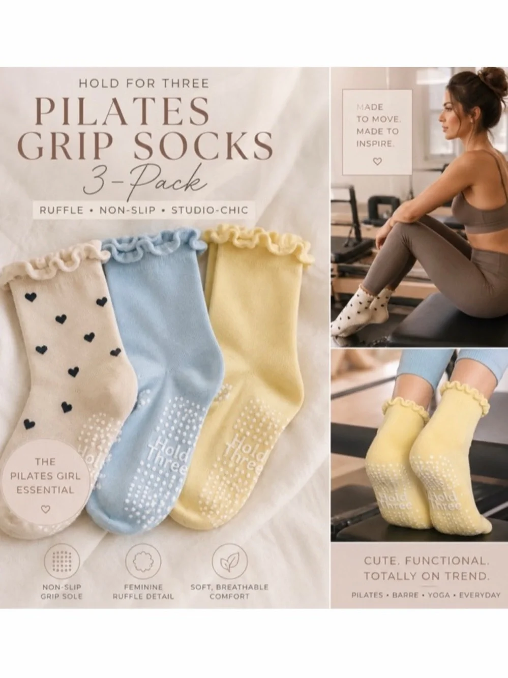 HOLD FOR THREE 3 PACK RUFFLE PILATES SOCKS GRIP BOTTOM POLKA DOT PASTEL NWT